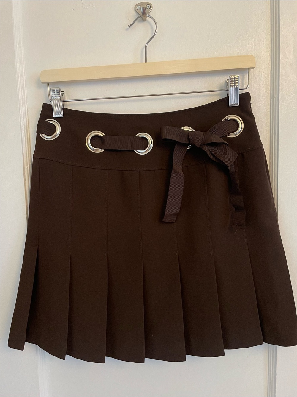 Mod Pleated Brown Skirt with Grommet Tie